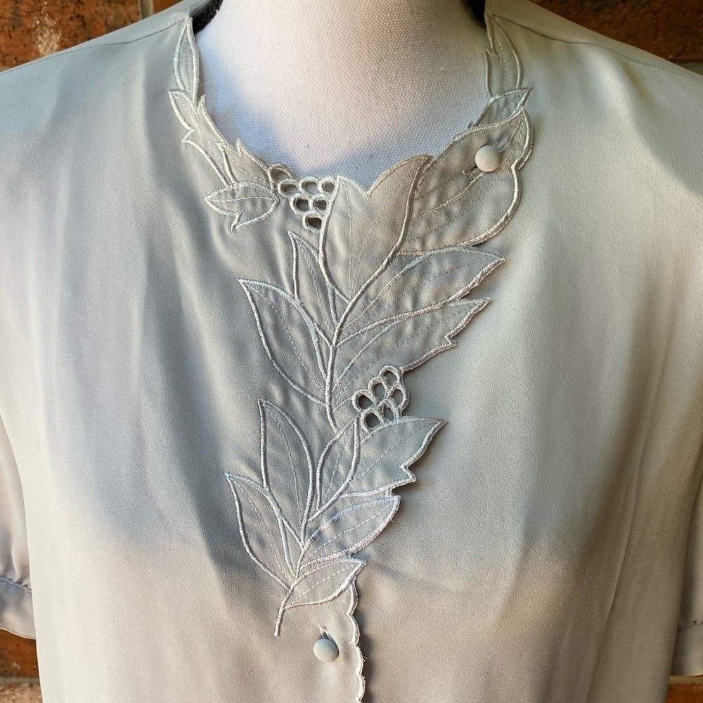 La Blouse Sheer Embroidered Gray Short Sleeve Top